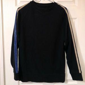 Black Sweater with Blue and Tan Stripes